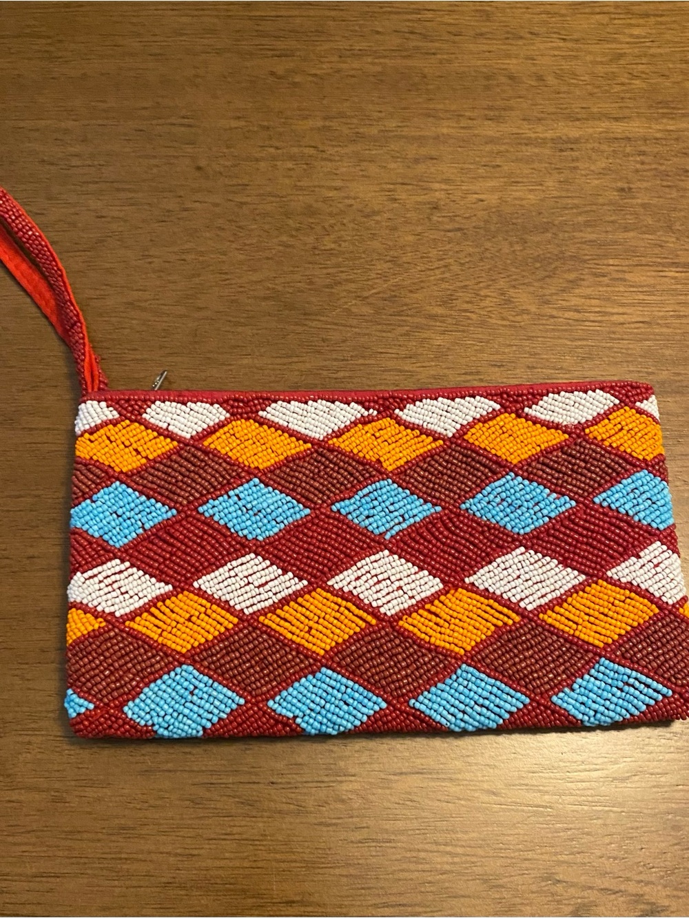 Handcrafted Red Beaded Wristlet Clutch with Multicolor Diamond Pattern